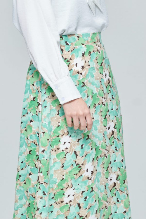 Green Chiffon Maxi Skirt in Floral Bloom