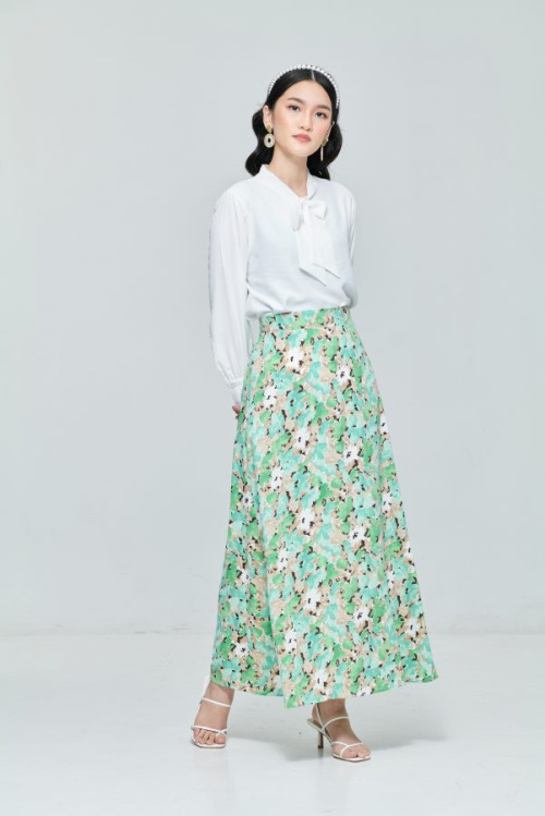 Green Chiffon Maxi Skirt in Floral Bloom