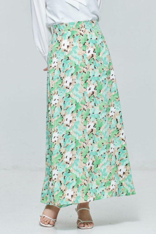 Green Chiffon Maxi Skirt in Floral Bloom