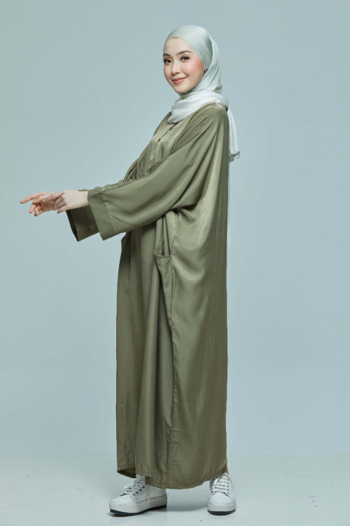 Army Green Sabrina Satin Silk Linen Kaftan