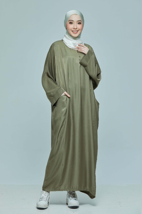 Army Green Sabrina Satin Silk Linen Kaftan