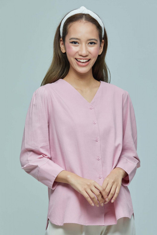 Pink Selena Puff Shoulder Cotton Linen Blouse