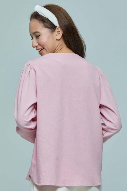 Pink Selena Puff Shoulder Cotton Linen Blouse