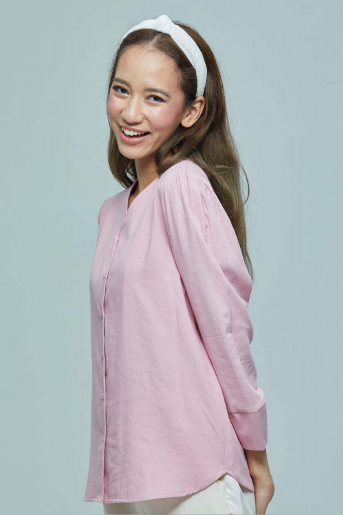 Pink Selena Puff Shoulder Cotton Linen Blouse