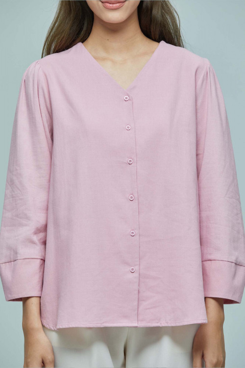 Pink Selena Puff Shoulder Cotton Linen Blouse