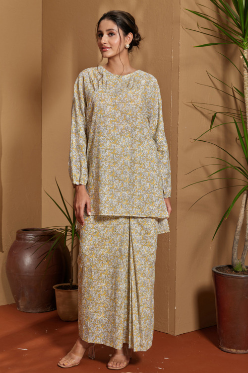 Yellow Nawra Embroidery Printed Modern Kurung Set