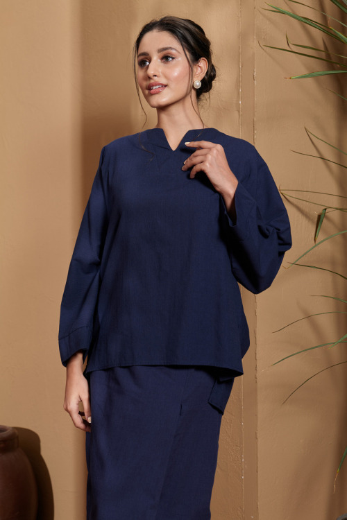 Navy Blue Malika Cotton Linen Kurung Set