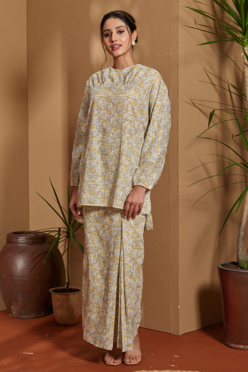 Yellow Nawra Embroidery Printed Modern Kurung Set