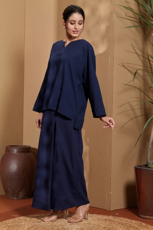 Navy Blue Malika Cotton Linen Kurung Set