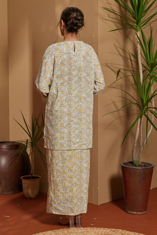 Yellow Nawra Embroidery Printed Modern Kurung Set