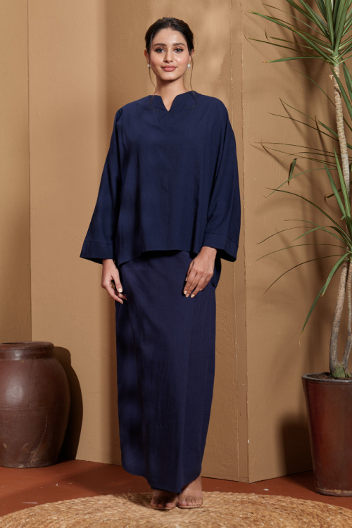 Navy Blue Malika Cotton Linen Kurung Set