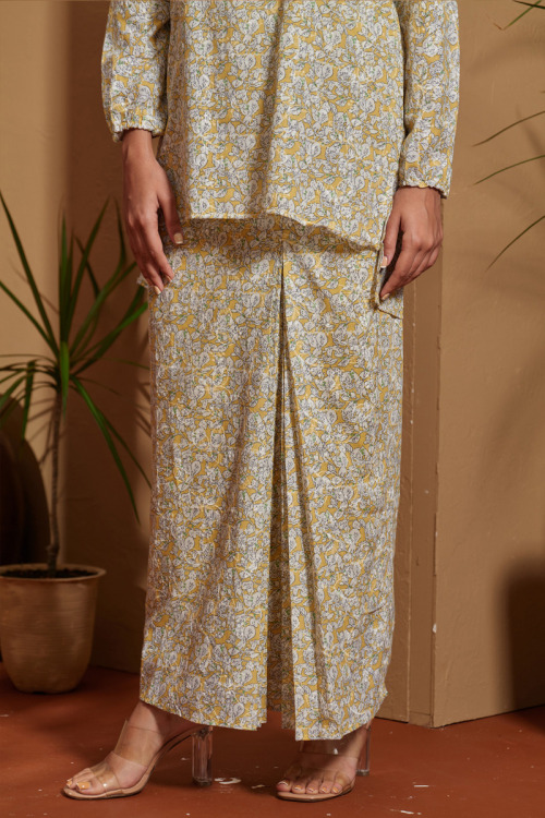 Yellow Nawra Embroidery Printed Modern Kurung Set