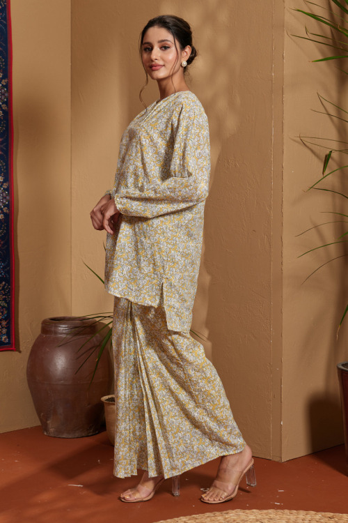 Yellow Nawra Embroidery Printed Modern Kurung Set