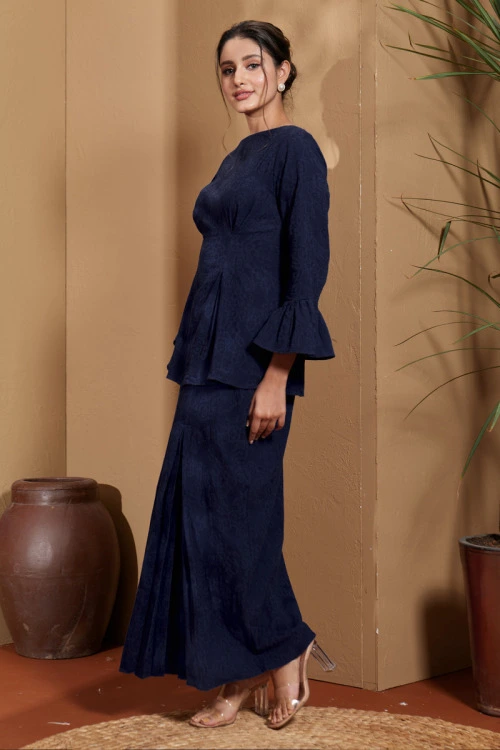 Navy Blue Nahla Textured Peplum Mini Kurung