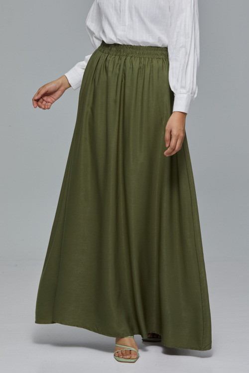 Olive Green Elastic Maxi Satin Skirt