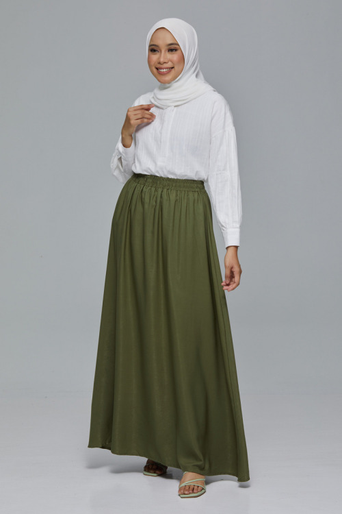 Olive Green Elastic Maxi Satin Skirt