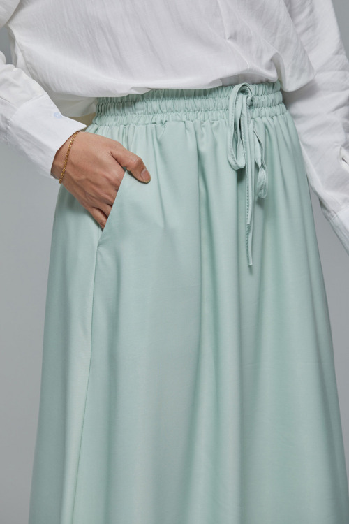 Mint Green Minaz Elastic Tie Maxi Satin Skirt