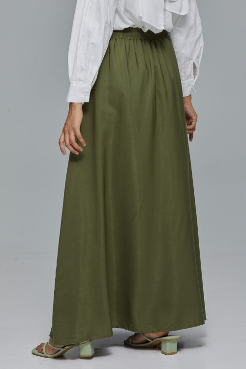 Olive Green Elastic Maxi Satin Skirt