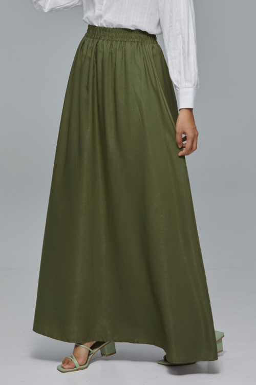 Olive Green Elastic Maxi Satin Skirt