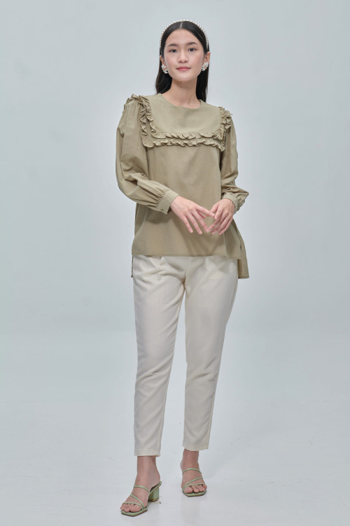 Green Livia Ruffle Cotton Blouse