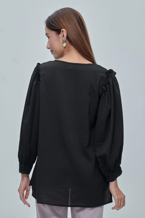 Black Maila Stripe Ruffled Shoulder Blouse