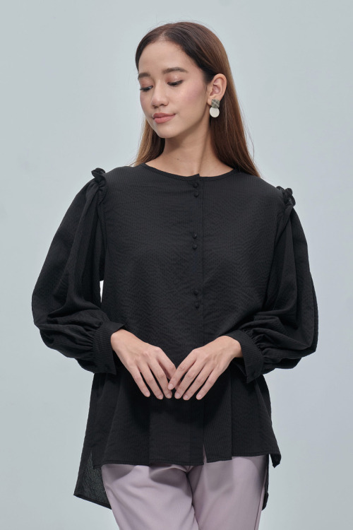 Black Maila Stripe Ruffled Shoulder Blouse