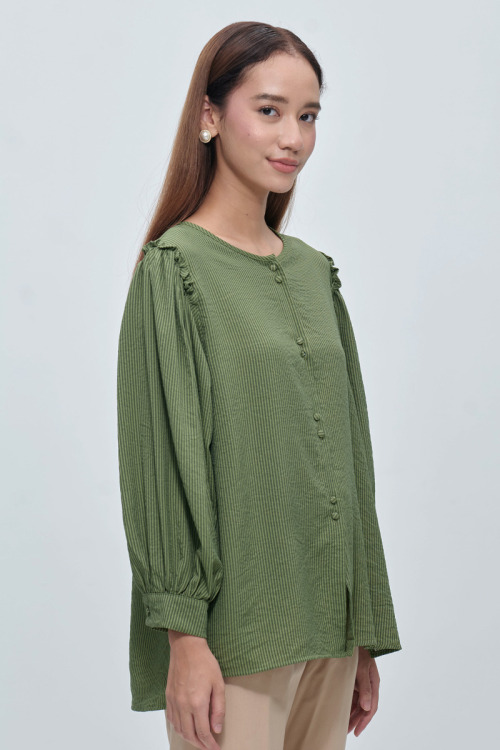 Green Maila Stripe Ruffled Shoulder Blouse