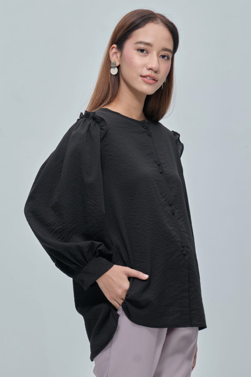 Black Maila Stripe Ruffled Shoulder Blouse