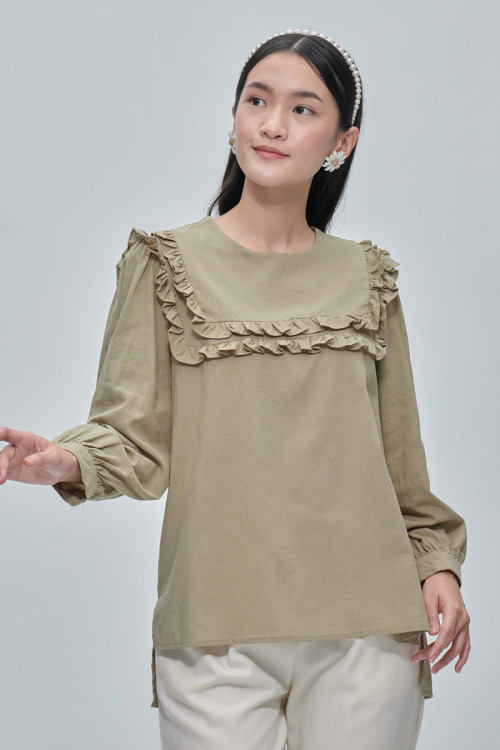 Green Livia Ruffle Cotton Blouse