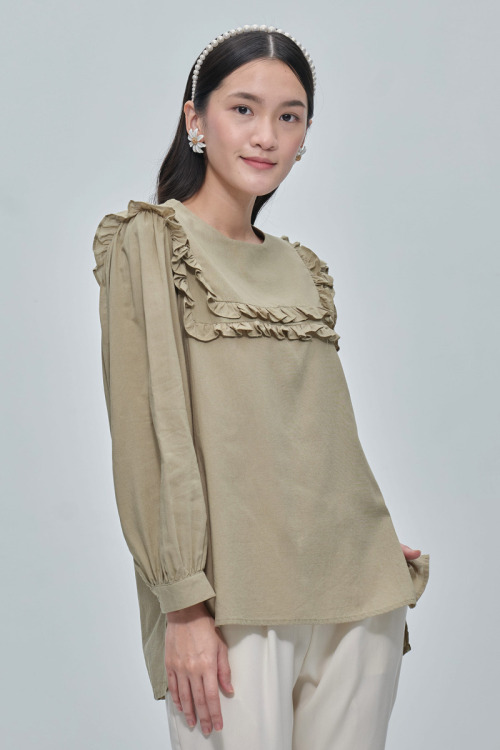 Green Livia Ruffle Cotton Blouse