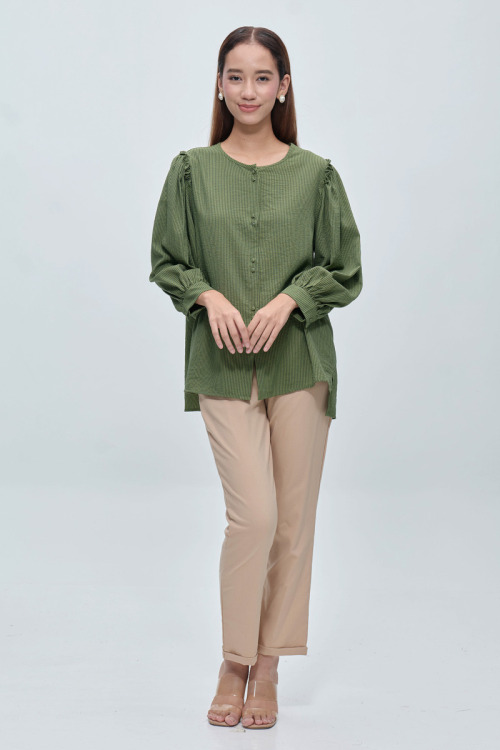 Green Maila Stripe Ruffled Shoulder Blouse