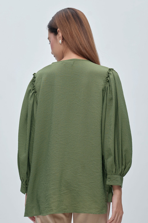 Green Maila Stripe Ruffled Shoulder Blouse