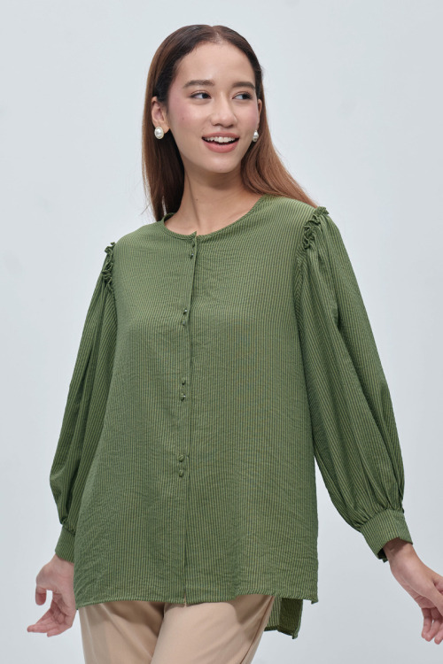 Green Maila Stripe Ruffled Shoulder Blouse