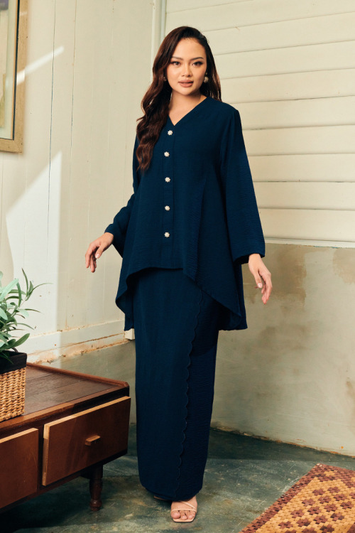 Dark Blue Zehra Pearl Button Loose Kurung