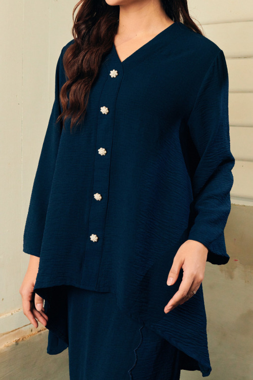 Dark Blue Zehra Pearl Button Loose Kurung